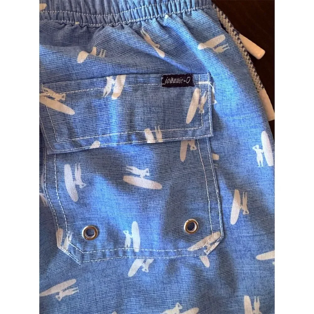 johnnie-O Boys Swim Shorts M SZ 8/10 Blue Surfboard‎ Print Summer Trunks